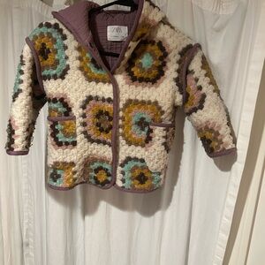 Zara Kids Cream Multicolor Crochet Sherpa Jacket with Purple Trim